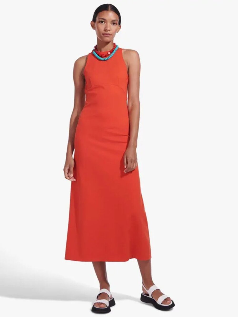 Staud Puglia Sleeveless Sheath Midi Dress in Fiery Nectarine Orange medium